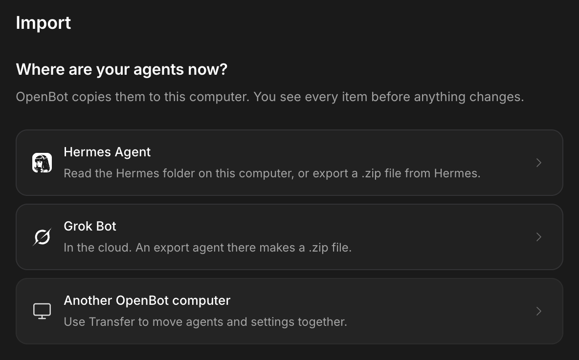 OpenBot Import settings with Hermes Agent, Grok Bot and another OpenBot computer as source options.