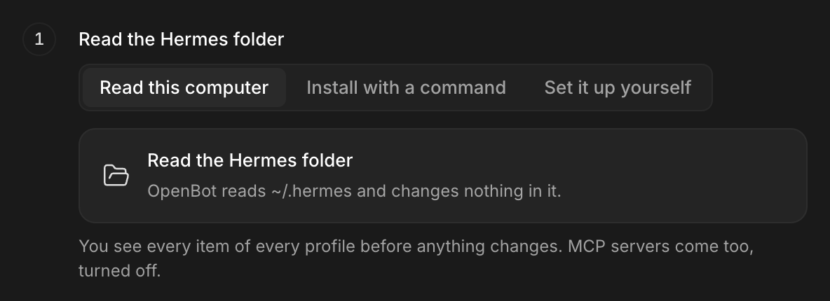 Hermes import controls with Read this computer selected and the Read the Hermes folder button.